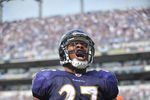 BALTIMORE - SEPTEMBER 27:  Ray Rice #27 of the Baltimore Ravens celebrates his first career touchdown against the Cleveland Browns at M&T Bank Stadium on September 27, 2009 in Baltimore, Maryland. The Ravens defeated the Browns 34-3. (Photo by Larry French/Getty Images)