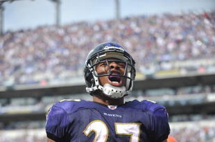 BALTIMORE - SEPTEMBER 27:  Ray Rice #27 of the Baltimore Ravens celebrates his first career touchdown against the Cleveland Browns at M&T Bank Stadium on September 27, 2009 in Baltimore, Maryland. The Ravens defeated the Browns 34-3. (Photo by Larry French/Getty Images)