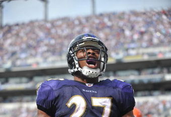 BALTIMORE - SEPTEMBER 27:  Ray Rice #27 of the Baltimore Ravens celebrates his first career touchdown against the Cleveland Browns at M&T Bank Stadium on September 27, 2009 in Baltimore, Maryland. The Ravens defeated the Browns 34-3. (Photo by Larry French/Getty Images)