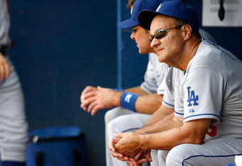 ATLANTA - AUGUST 01:  Manager Joe Torre #6 of the Los Angeles Dodgers against the Atlanta Braves on August 1, 2009 at Turner Field in Atlanta, Georgia.  (Photo by Kevin C. Cox/Getty Images)