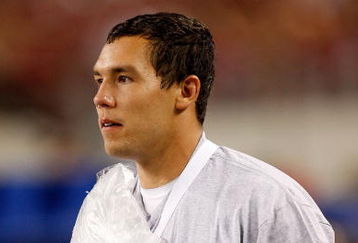 ARLINGTON, TX - SEPTEMBER 05:  Quarterback Sam Bradford #14 of the Oklahoma Sooners on the sidelines after suffering an injury against the Brigham Young Cougars at Cowboys Stadium on September 5, 2009 in Arlington, Texas.  (Photo by Ronald Martinez/Getty Images)