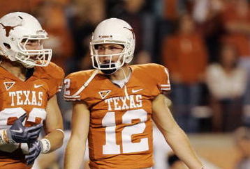 AUSTIN, TX - OCTOBER 10: Quarterback Colt McCoy #12 of the Texas Longhorns looks for an explanation after the Colorado Buffaloes knocked the ball out of his hands for a turnover inside the 10 yard line in the second quarter on October 10, 2009 at Darrell K Royal-Texas Memorial Stadium in Austin, Texas. Colorado converted the turnover into a touchdown and leads 14-10. (Photo by Brian Bahr/Getty Images)