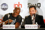 LAS VEGAS - AUGUST 18:  Bernard Hopkins (L) and Oscar De La Hoya talk as they tape a segment with Shaquille O' Neal of the Cleveland Cavaliers for the new ABC television series 'Shaq Vs.' at the Planet Hollywood Resort & Casino August 18, 2009 in Las Vegas, Nevada. The reality show, which launches tonight, follows O'Neal as he competes against star athletes in their respective sports.  (Photo by Ethan Miller/Getty Images)