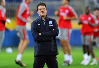 DNEPROPETROVSK, UKRAINE - OCTOBER 09: England manager Fabio Capello looks on during an England training session at the Dnipro Arena on October 9, 2009 in Dnepropetrovsk, Ukraine.  (Photo by Michael Regan/Getty Images)