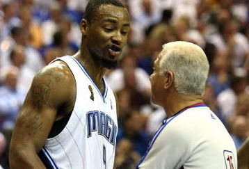 ORLANDO, FL - JUNE 11:  Rashard Lewis #9 of the Orlando Magic talks with referee Bennett Salvatore in the second quarter of Game Four of the 2009 NBA Finals against the Los Angeles Lakers on June 11, 2009 at Amway Arena in Orlando, Florida.  NOTE TO USER:  User expressly acknowledges and agrees that, by downloading and or using this photograph, User is consenting to the terms and conditions of the Getty Images License Agreement.  (Photo by Elsa/Getty Images)