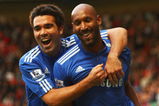 LONDON - OCTOBER 04:  Nicolas Anelka of Chelsea celebrates with Deco (L) as he scores their first goal during the Barclays Premier League match between Chelsea and Liverpool at Stamford Bridge on October 4, 2009 in London, England.  (Photo by Ian Walton/Getty Images)