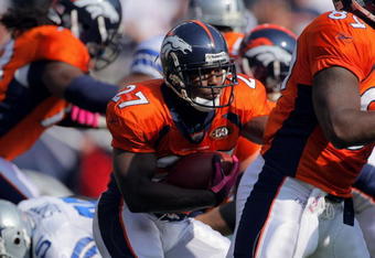 DENVER - OCTOBER 04:  Running back Knowshon Moreno #27 of the Denver Broncos rushes against the Dallas Cowboys during NFL action at Invesco Field at Mile High on October 4, 2009 in Denver, Colorado. The Broncos defeated the Cowboys 17-10.  (Photo by Doug Pensinger/Getty Images)
