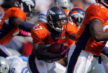 DENVER - OCTOBER 04:  Running back Knowshon Moreno #27 of the Denver Broncos rushes against the Dallas Cowboys during NFL action at Invesco Field at Mile High on October 4, 2009 in Denver, Colorado. The Broncos defeated the Cowboys 17-10.  (Photo by Doug Pensinger/Getty Images)