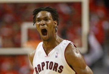 TORONTO,ON - APRIL 24:  Chris Bosh #4 of the Toronto Raptors shows his excitement against the Orlando Magic in Game 3 of the Eastern Conference Quarterfinals on April 24, 2008 at the Air Canada Centre in Toronto, Ontario. The Raptors defeated the Magic 108-94. (Photo by Claus Andersen/Getty Images)