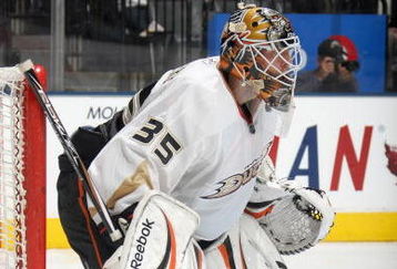 TORONTO - OCTOBER 21: Goalie  Jean-Sebastien Giguere #35 of the Anaheim Ducks guards the net during the game against the Toronto Maple Leafs at the Air Canada Centre on October 21, 2008 in Toronto, Ontario. (Photo By: Dave Sandford/Getty Images)