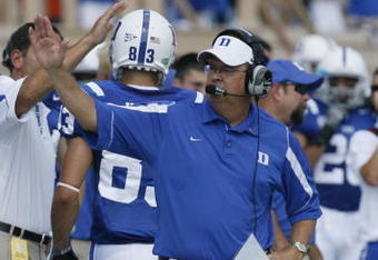 DURHAM, NC - SEPTEMBER 13:  Head coach David Cutcliffe of the Duke Blue Devils looks on during the game against the Navy Midshipmen at Wallace Wade Stadium on September 13, 2008 in Durham, North Carolina.  (Photo by Kevin C. Cox/Getty Images)