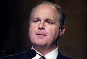 PHILADELPHIA - OCTOBER 2:  Radio talk show host Rush Limbaugh makes remarks at the National Association of Broadcasters October 2, 2003 in Philadelphia, Pennsylvania. Limbaugh resigned from his job as a broadcaster at ESPN after racial comments he made about Philadelphia Eagles Donovan McNabb caused an uproar.  (Photo by William Thomas Cain/Getty Images)  