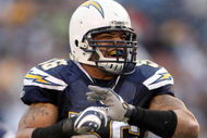 SAN DIEGO - NOVEMBER 25:  Shawne Merriman #56 of the San Diego Chargers reacts to a tackle against the Baltimore Ravens en route to the Chargers's 32-14 win during their NFL Game at Qualcomm Stadium November 25, 2007 in San Diego, California.  (Photo by Donald Miralle/Getty Images)