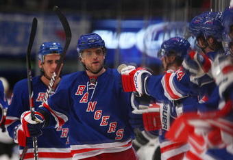 NEW YORK - OCTOBER 14: Marian Gaborik #10 of the New York Rangers celebrates his insurance goal against the Los Angeles Kings at 4:22 of the third period at Madison Square Garden on October 14, 2009 in New York, New York. The Rangers defeated the Kings 4-2. (Photo by Bruce Bennett/Getty Images)