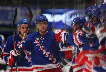 NEW YORK - OCTOBER 14: Marian Gaborik #10 of the New York Rangers celebrates his insurance goal against the Los Angeles Kings at 4:22 of the third period at Madison Square Garden on October 14, 2009 in New York, New York. The Rangers defeated the Kings 4-2. (Photo by Bruce Bennett/Getty Images)