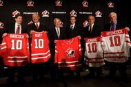 MONTREAL, QC - JUNE 25:  (L-R) Team Canada Men's Olympic hockey representatives head coach Mike Babcock, assistant coach Lindy Ruff, President and CEO Bob Nicholson, Executive Director Steve Yzerman, assistant coach Jacques Lemaire and assistant coach Ken Hitchcock pose for a photo op during a press conference to announce Team Canada's 2010 Winter Olympic Men's Hockey coaching staff June 25, 2009 at the Hilton Bonaventure hotel in Montreal, Canada.  (Photo by Jamie Squire/Getty Images)