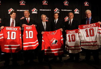 MONTREAL, QC - JUNE 25:  (L-R) Team Canada Men's Olympic hockey representatives head coach Mike Babcock, assistant coach Lindy Ruff, President and CEO Bob Nicholson, Executive Director Steve Yzerman, assistant coach Jacques Lemaire and assistant coach Ken Hitchcock pose for a photo op during a press conference to announce Team Canada's 2010 Winter Olympic Men's Hockey coaching staff June 25, 2009 at the Hilton Bonaventure hotel in Montreal, Canada.  (Photo by Jamie Squire/Getty Images)