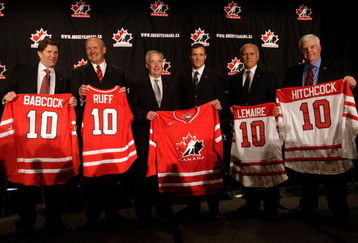 MONTREAL, QC - JUNE 25:  (L-R) Team Canada Men's Olympic hockey representatives head coach Mike Babcock, assistant coach Lindy Ruff, President and CEO Bob Nicholson, Executive Director Steve Yzerman, assistant coach Jacques Lemaire and assistant coach Ken Hitchcock pose for a photo op during a press conference to announce Team Canada's 2010 Winter Olympic Men's Hockey coaching staff June 25, 2009 at the Hilton Bonaventure hotel in Montreal, Canada.  (Photo by Jamie Squire/Getty Images)