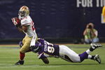 MINNEAPOLIS - SEPTEMBER 27: Marcus Hudson #23 of the San Francisco 49ers is tackled by Ray Edwards #91 of the Minnesota Vikings at the Hubert H. Humphrey Metrodome on September 27, 2009 in Minneapolis, Minnesota. The Vikings defeated the 49ers 27-24. (Photo by Jonathan Daniel/Getty Images) 