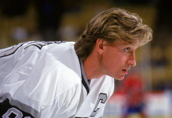 INGLEWOOD, CA - 1989:  Wayne Gretzky #99 of the Los Angeles Kings looks on during a game in 1989 at the Great Western Forum in Inglewood, California.  Wayne Gretzky played for the Kings from 1988 - 1996.  (Photo by Otto Greule Jr/Getty Images)




