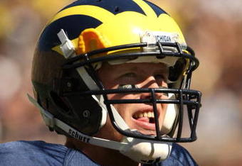 ANN ARBOR, MI - SEPTEMBER 19:  Quarterback Tate Forcier #5 of the Michigan Wolverines looks on in the game against the Eastern Michigan Eagles at Michigan Stadium on September 19, 2009 in Ann Arbor, Michigan.  Michigan won 45-17.  (Photo by Stephen Dunn/Getty Images)