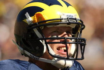 ANN ARBOR, MI - SEPTEMBER 19:  Quarterback Tate Forcier #5 of the Michigan Wolverines looks on in the game against the Eastern Michigan Eagles at Michigan Stadium on September 19, 2009 in Ann Arbor, Michigan.  Michigan won 45-17.  (Photo by Stephen Dunn/Getty Images)