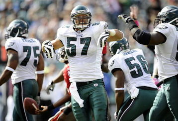 PHILADELPHIA - OCTOBER 11:  Chris Gocong #57 of the Philadelphia Eagles reacts during a game against the Tampa Bay Buccaneers at Lincoln Financial Field on October 11, 2009 in Philadelphia, Pennsylvania.  (Photo by Jeff Zelevansky/Getty Images)