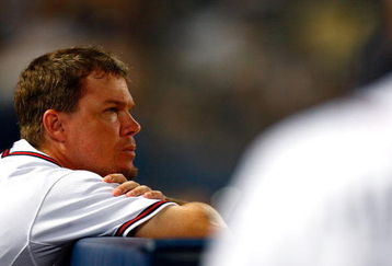 ATLANTA - JUNE 25:  Chipper Jones #10 of the Atlanta Braves looks on in the ninth inning against the New York Yankees at Turner Field on June 25, 2009 in Atlanta, Georgia.  (Photo by Kevin C. Cox/Getty Images)