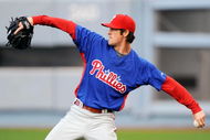 LOS ANGELES, CA - OCTOBER 14:  Starting pitcher Cole Hamels #35 of the Philadelphia Phillies throws during workout at Dodger Stadium before Game One of the NLCS during the 2009 MLB Playoffs against the Los Angeles Dodgers on October 14, 2009 in Los Angeles, California. Hamels is scheduled to start Game One tomorrow.  (Photo by Kevork Djansezian/Getty Images)