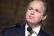 PHILADELPHIA - OCTOBER 2:  (FILE PHOTO)  Radio talk show host Rush Limbaugh makes remarks at the National Association of Broadcasters October 2, 2003 in Philadelphia, Pennsylvania. Limbaugh admited to being addicted to painkillers October 10, a little over a week after resigning from his job at ESPN due to racial comments he made about Philadelphia Eagles Donovan McNabb.  (Photo by William Thomas Cain/Getty Images)