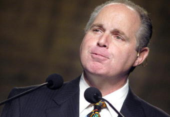 PHILADELPHIA - OCTOBER 2:  (FILE PHOTO)  Radio talk show host Rush Limbaugh makes remarks at the National Association of Broadcasters October 2, 2003 in Philadelphia, Pennsylvania. Limbaugh admited to being addicted to painkillers October 10, a little over a week after resigning from his job at ESPN due to racial comments he made about Philadelphia Eagles Donovan McNabb.  (Photo by William Thomas Cain/Getty Images)
