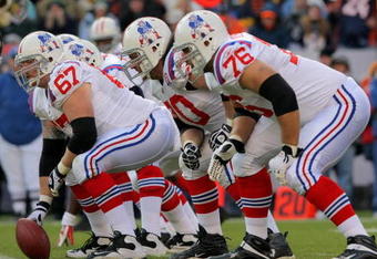 DENVER - OCTOBER 11:  Center Dan Koppen #67 of the New England Patriots prepares to snap the ball as the offensive line readies for pass protection against the Denver Broncos during NFL action at Invesco Field at Mile High on October 11, 2009 in Denver, Colorado. The Broncos defeated the Patriots 20-17 in overtime.  (Photo by Doug Pensinger/Getty Images)