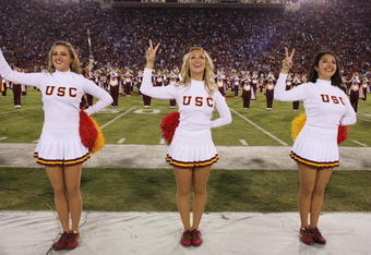LOS ANGELES - NOVEMBER 8:  The USC Song Girls perform before the game between the California Bears and the USC Trojans on November 8, 2008 at the Los Angeles Memorial Coliseum in Los Angeles, California.  USC won 17-3.  (Photo by Jeff Golden/Getty Images)