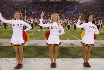 LOS ANGELES - NOVEMBER 8:  The USC Song Girls perform before the game between the California Bears and the USC Trojans on November 8, 2008 at the Los Angeles Memorial Coliseum in Los Angeles, California.  USC won 17-3.  (Photo by Jeff Golden/Getty Images)