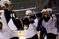 ST. LOUIS, MO - OCTOBER 8: Marc Popovic #3 of the Atlanta Thrashers celebrates a goal against the St. Louis Blues with his teammates at the Scottrade Center on October 8, 2009 in St. Louis, Missouri.  The Thrashers beat the Blues 4-2.  (Photo by Dilip Vishwanat/Getty Images)
