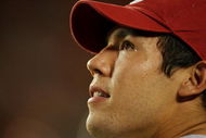 FORT LAUDERDALE, FL - OCTOBER 03: Injured quarterback Sam Bradford #14 of the Oklahoma Sooners looks up to the scoreboard late in the game against the Miami Hurricanes at Land Shark Stadium on October 3, 2009 in Fort Lauderdale, Florida. Miami defeated Oklahoma 21-20. (Photo by Doug Benc/Getty Images)