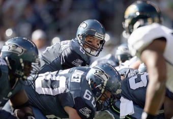 SEATTLE - OCTOBER 11:  Quarterback Matt Hasselback #8  of the Seattle Seahawks calls the play at the line of scrimmage during the game against the Jacksonville Jaguars on October 11, 2009 at Qwest Field in Seattle, Washington. The Seahawks defeated the Jaguars 41-0. (Photo by Otto Greule Jr/Getty Images)     