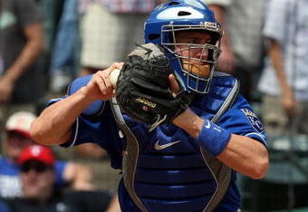 ARLINGTON, TX - APRIL 19:  Catcher John Buck #14 of the Kansas City Royals on April 19, 2009 at Rangers Ballpark in Arlington, Texas.  (Photo by Ronald Martinez/Getty Images)