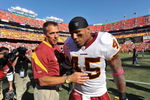 LANDOVER, MD - OCTOBER 4:  Head coach Jim Zorn walks off the field with Mike Sellers #45 of the Washington Redskins after the game against the Tampa Bay Buccaneers at FedExField on October 4, 2009 in Landover, Maryland. The Redskins defeated the Buccaneers 16-13. (Photo by Larry French/Getty Images)