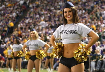 MINNEAPOLIS - NOVEMBER 09:   Minnesota Vikings cheerleaders wear Air Force outfits as part of an Armed Forces appreciation day at the game with the Green Bay Packers on November 9, 2008 at the Metrodome in Mineapolis, Minnesota.  (Photo by Stephen Dunn/Getty Images)