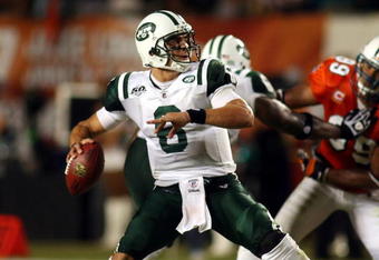MIAMI - OCTOBER 12:  Quarterback Mark Sanchez #6  of the New York Jets scrambles against the Miami Dolphins at Land Shark Stadium on October 12, 2009 in Miami, Florida. Miami defeated New York 31-27.  (Photo by Marc Serota/Getty Images)