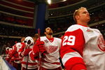 STOCKHOLM, SWEDEN - OCTOBER 03:  #40 Henrik Zetterberg of Detroit Red Wings looks on during the Swedish and United States national anthems during the 2009 Compuware NHL Premiere Stockholm match between St. Louis Blues and Detroit Red Wings at the Ericsson Globe on October 3, 2009 in Stockholm, Sweden.  (Photo by Paul Gilham/Getty Images)