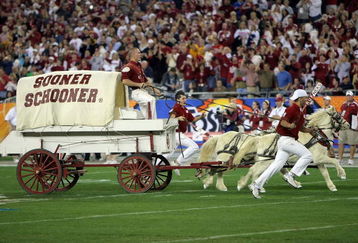 GLENDALE, AZ - JANUARY 02:  Oklahoma Sooner Schooner runs onto the field before the Sooners take on the West Virginia Mountaineers at the Tostito's Fiesta Bowl at University of Phoenix Stadium January 2, 2008 in Glendale, Arizona.  (Photo by Doug Pensinger/Getty Images)