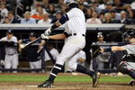 NEW YORK - OCTOBER 09: Alex Rodriguez #13 of the New York Yankees hits an RBI single in sixth inning against the Minnesota Twins in Game Two of the ALDS during the 2009 MLB Playoffs at Yankee Stadium on October 9, 2009 in the Bronx borough of New York City. (Photo by Jim McIsaac/Getty Images)