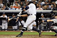 NEW YORK - OCTOBER 09: Alex Rodriguez #13 of the New York Yankees hits an RBI single in sixth inning against the Minnesota Twins in Game Two of the ALDS during the 2009 MLB Playoffs at Yankee Stadium on October 9, 2009 in the Bronx borough of New York City. (Photo by Jim McIsaac/Getty Images)