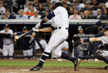 NEW YORK - OCTOBER 09: Alex Rodriguez #13 of the New York Yankees hits an RBI single in sixth inning against the Minnesota Twins in Game Two of the ALDS during the 2009 MLB Playoffs at Yankee Stadium on October 9, 2009 in the Bronx borough of New York City. (Photo by Jim McIsaac/Getty Images)