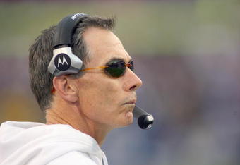 ORCHARD PARK, NY - SEPTEMBER 27: Dick Jauron, head coach of the Buffalo Bills stands on the sidelines against the New Orleans Saints at Ralph Wilson Stadium on September 27, 2009 in Orchard Park, New York. (Photo by Rick Stewart/Getty Images)