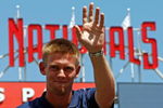 WASHINGTON - AUGUST 21:  Stephen Strasburg, the overall first pick in the 2009 Major League Baseball draft, waves to fans as he takes part in a press conference where he was introduced at Nationals Park August 21, 2009 in Washington, DC. Strasburg, a right handed pitcher from San Diego State University, signed with the Nationals earlier this week wth a record contract for an amateur player.  (Photo by Win McNamee/Getty Images)