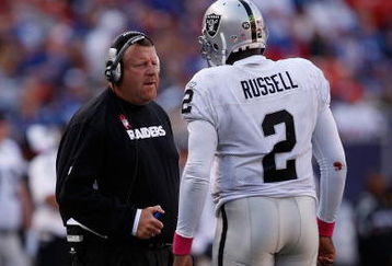 EAST RUTHERFORD, NJ - OCTOBER 11:  Head Coach Tom Cable and JaMarcus Russell #2 of the Oakland Raiders talk in between plays during the game on October 11, 2009 at Giants Stadium in East Rutherford, New Jersey.  (Photo by Jared Wickerham/Getty Images)