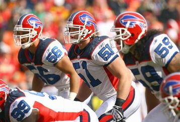 KANSAS CITY, MO - NOVEMBER 23:  Keith Ellison #56, Paul Posluszny #51 and Kawika Mitchell #59of the Buffalo Bills get ready on the line of scrimmage during the game against the Kansas City Chiefs on November 23, 2008 at Arrowhead Stadium in Kansas City, Missouri. (Photo by Jamie Squire/Getty Images)